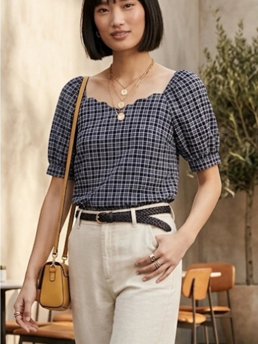 Puff Sleeve Check Plaid Scalloped Neckline Size XL Petite Checkered